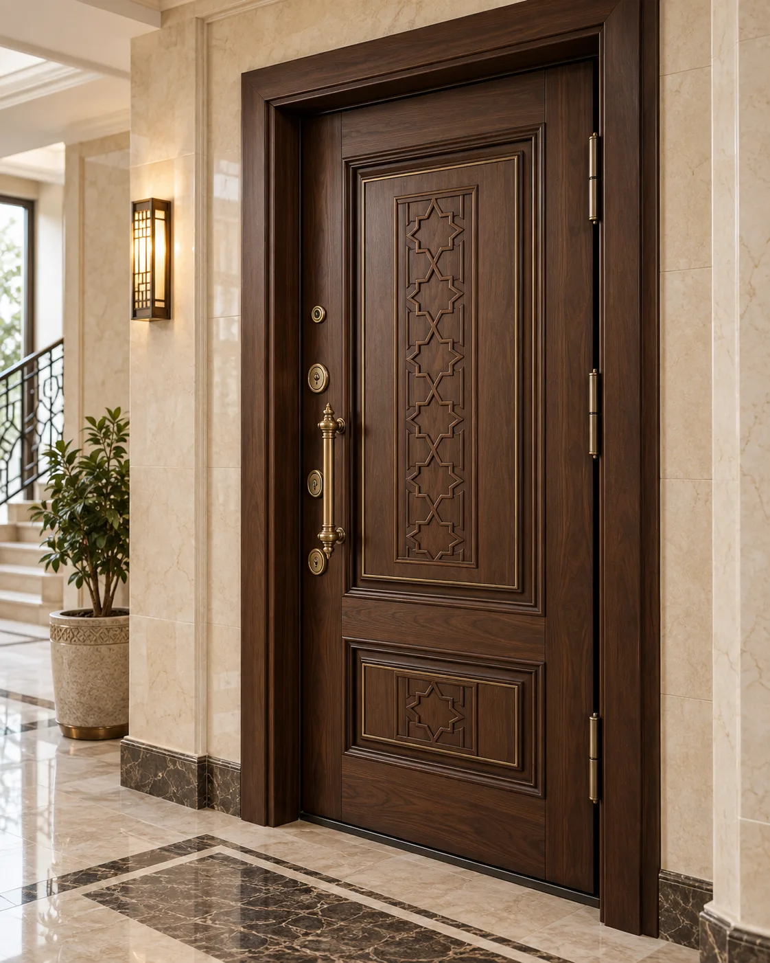 مدل درب ضد سرقت کلاسیک با روکش گردویی و نقش هندسی CNC